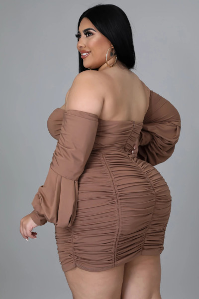 Plus size women's one-word V-neck solid color dress dress