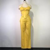 Sexy Skinny PU Leather Pants Suit Show Waist Sling Top Two Piece Set