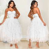 Fashion solid color hot drill tube top fluffy mesh dress women