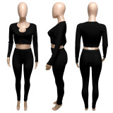 V-neck ribbed long-sleeved trousers two-piece suit