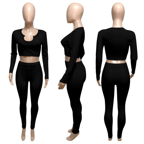V-neck ribbed long-sleeved trousers two-piece suit