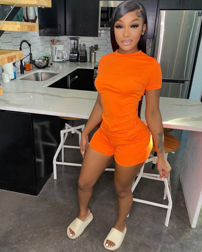 Women's Summer Solid T-Shirt Lace-Up Shorts Two-Piece Set