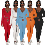 V-neck ribbed long-sleeved trousers two-piece suit