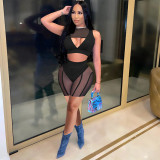 Women's summer mesh stitching wrap chest sleeveless fashion sexy two-piece suit