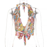 Women's Halter Character Print Tie String Vest T-Shirt Women