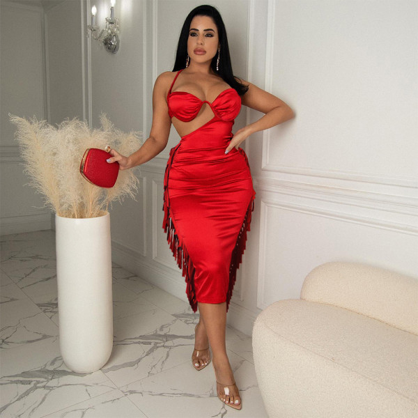 Sexy Fashion Slit Sling Fringe Dress Dress