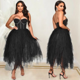 Fashion solid color hot drill tube top fluffy mesh dress women