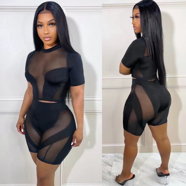 Short-sleeved mesh stitching sexy hollow perspective two-piece set for women
