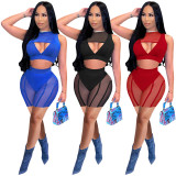 Women's summer mesh stitching wrap chest sleeveless fashion sexy two-piece suit