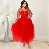 Fashion solid color hot drill tube top fluffy mesh dress women