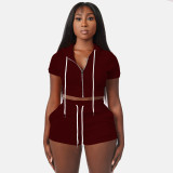 Zip Cardigan Solid Cropped Hooded Two-Piece Set