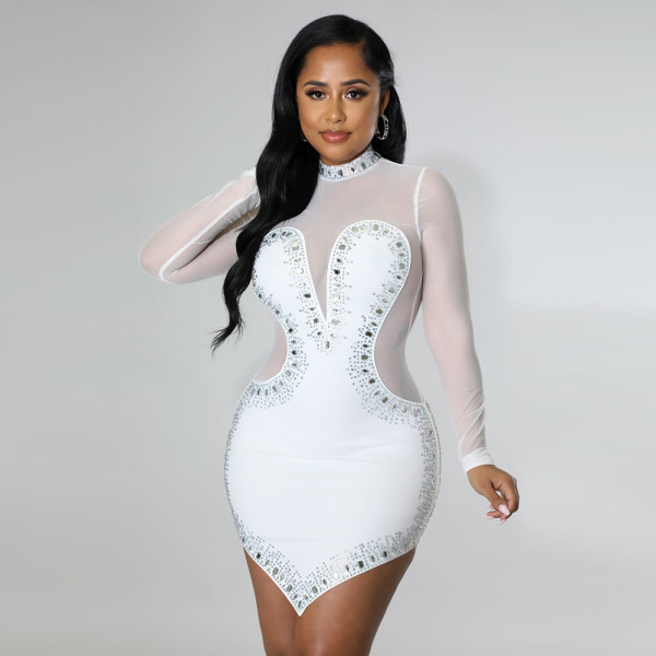 Fashion Deep V Irregular Skirt Zhigong Wool Polyester Mesh Hot Drill Sexy Perspective Nightclub Dress Women