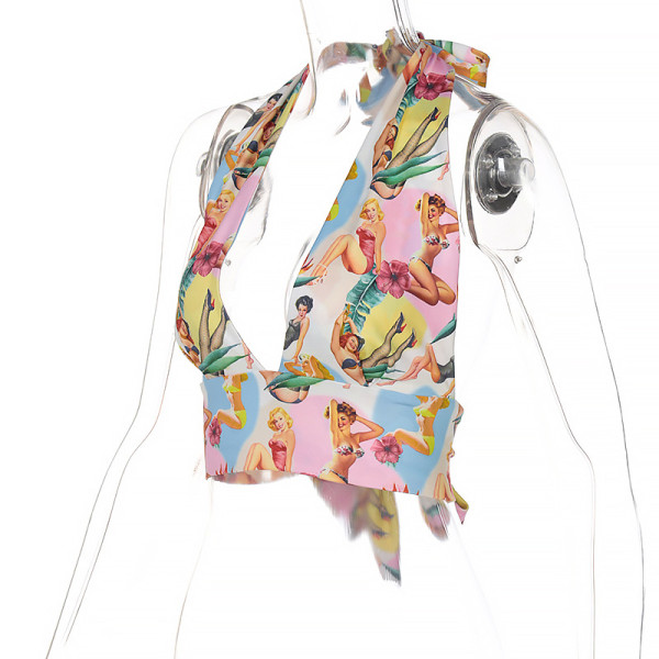 Women's Halter Character Print Tie String Vest T-Shirt Women