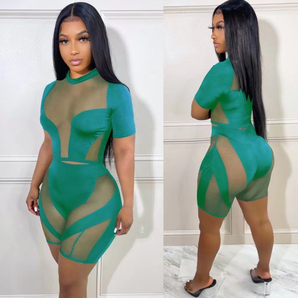 Short-sleeved mesh stitching sexy hollow perspective two-piece set for women