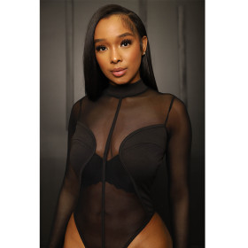 Women's mesh mesh perspective stitching black tight sexy jumpsuit all-in-one pants