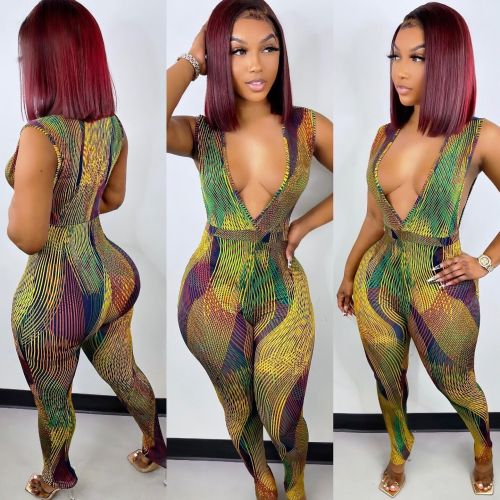 Sexy V-Neck Skinny Print Jumpsuit