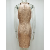 Women's Halter Sleeveless Fringe Panel Slim Fit Summer Casual Sequin Dress