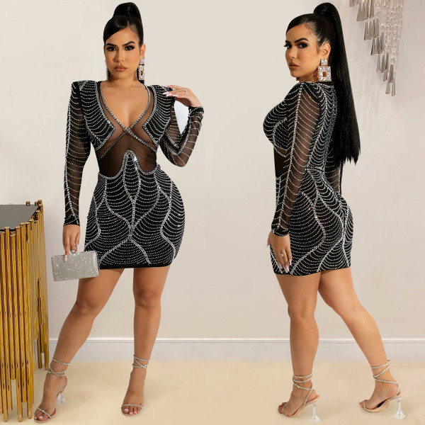 Fashion sexy women's nightclub long-sleeved hot-drilled mesh see-through dress