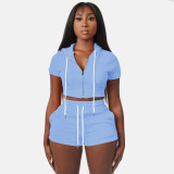 Zip Cardigan Solid Cropped Hooded Two-Piece Set