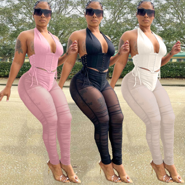 Fashion Open Back Mesh Trousers Set