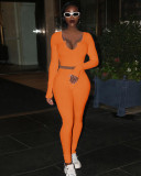 V-neck ribbed long-sleeved trousers two-piece suit