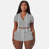 Zip Cardigan Solid Cropped Hooded Two-Piece Set