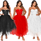Fashion solid color hot drill tube top fluffy mesh dress women