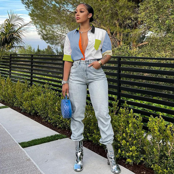 Summer new fashion casual color-blocking color-blocking shirt