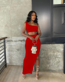 Women's summer solid color ice silk small pit strip one-shoulder split suit