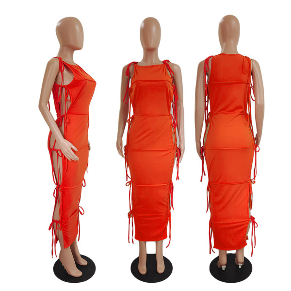 Women's Fashion Sexy Sleeveless Lace-Up Solid Color Large Size Slim Dress