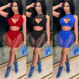 Women's summer mesh stitching wrap chest sleeveless fashion sexy two-piece suit
