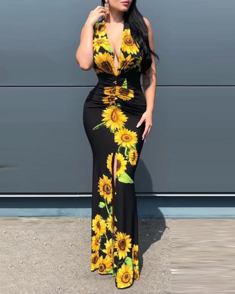 Sexy Fashion Sleeveless V-Neck Print Panel Dress