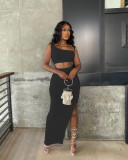 Women's summer solid color ice silk small pit strip one-shoulder split suit