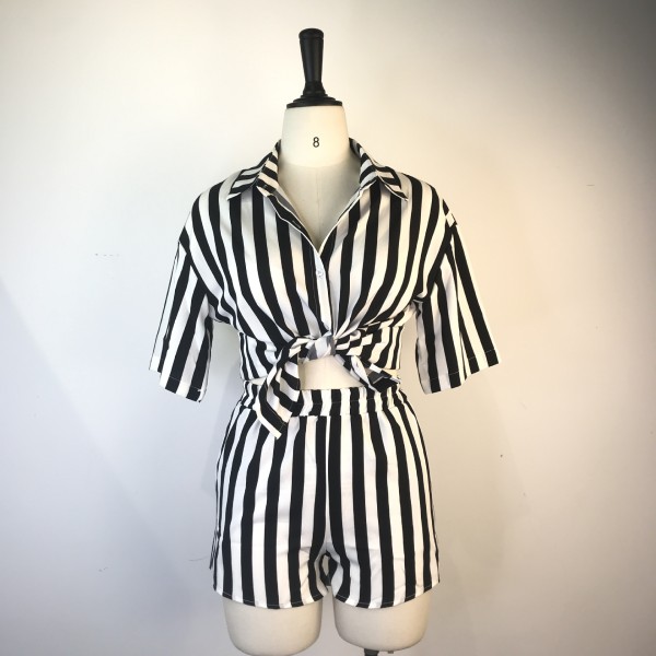 Sexy Fashion Shorts Set Button Stripe Shirt Two Piece