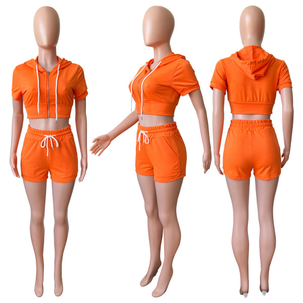 Zip Cardigan Solid Cropped Hooded Two-Piece Set