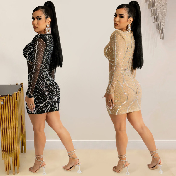 Fashion sexy women's nightclub long-sleeved hot-drilled mesh see-through dress
