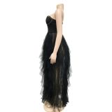 Fashion solid color hot drill tube top fluffy mesh dress women