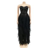 Fashion solid color hot drill tube top fluffy mesh dress women