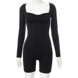 Solid Color Long Sleeve Square Collar Casual Home Slim Bottoming One Piece Shorts Women