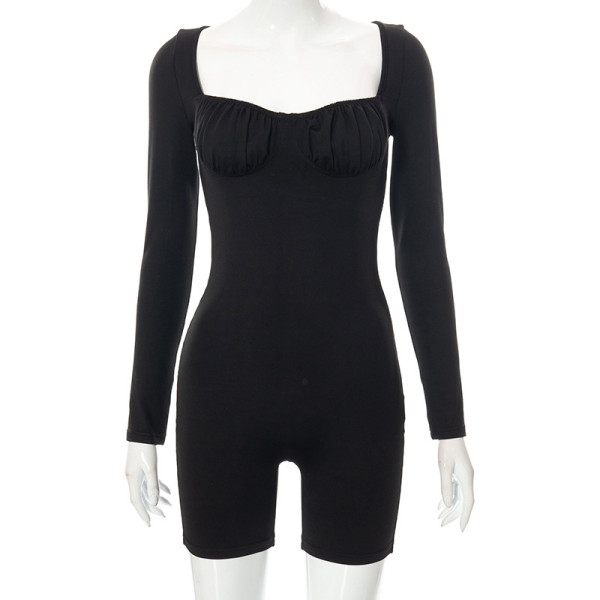 Solid Color Long Sleeve Square Collar Casual Home Slim Bottoming One Piece Shorts Women