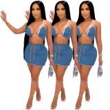 Women's Sexy High Elastic Denim Tie Rope Suit
