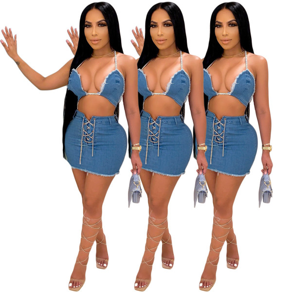 Women's Sexy High Elastic Denim Tie Rope Suit