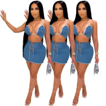 Women's Sexy High Elastic Denim Tie Rope Suit Women's Sexy High Elastic Denim Tie Rope Suit