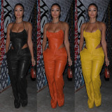 Sexy Skinny PU Leather Pants Suit Show Waist Sling Top Two Piece Set