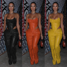 Sexy Skinny PU Leather Pants Suit Show Waist Sling Top Two Piece Set