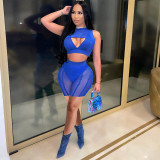 Women's summer mesh stitching wrap chest sleeveless fashion sexy two-piece suit