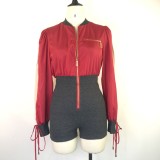Women's Loose Long Sleeve Zipper Colorblock Bodysuit Fashionable Waist One Piece
