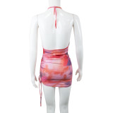 Printed apron halterneck hem paneled mesh drawstring breathable and comfortable dress