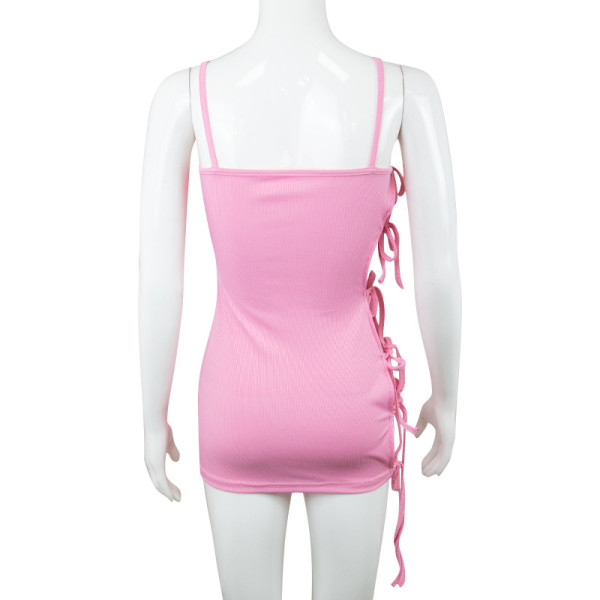 women's solid color suspender side tie wrap hip dress