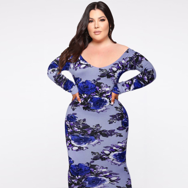 Off-the-shoulder floral print dress waist slim dress